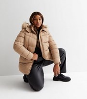New Look Curves Camel Faux Fur Hooded Puffer Jacket